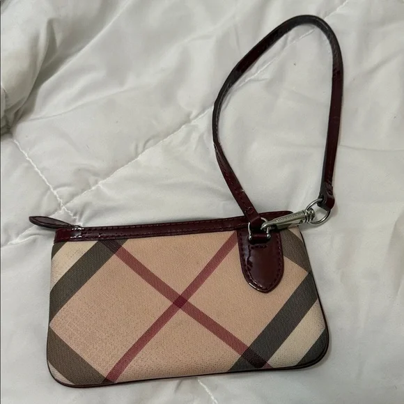Burberry Beige Plaid Wristlet with Burgundy Trim - Picture 1 of 5